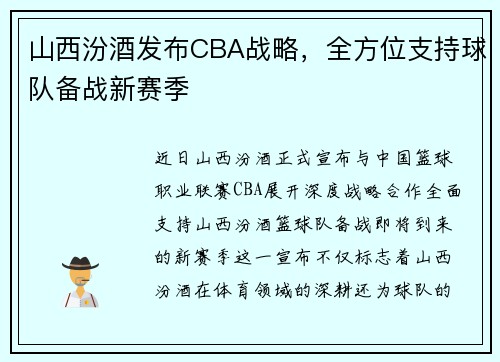 山西汾酒发布CBA战略，全方位支持球队备战新赛季